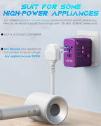 Universal Travel Adapter with 3 USB-C + 2 USB-A Ports 30W Fast Charging, 2500W AC Outlet, International Power Adapter for Europe UK Japan, Travel Charger for Phones Laptop 200+ Countries (Purple)