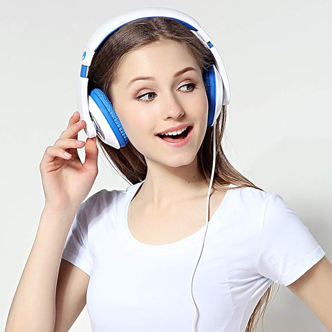 rockpapa Comfort Kids Headphones for School, Lightweight Foldable Portable Childs Boys Girls Teens Headphones Wired 3.5mm with 4.9ft Cord for Travel Airplane Tablet Phone Pad Laptop White/Blue