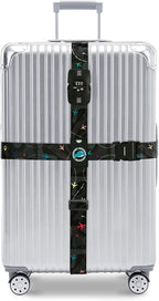 Travelkin Luggage Straps TSA Approved - Adjustable Cross Suitcase Straps with TSA Lock, Reinforced Buckle, Unique Pattern - Secure Heavy Duty Luggage Straps for Travel (Air Line Black)