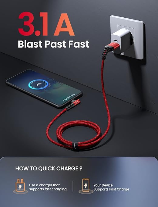 AINOPE USB C to USB Cable [3-Pack 3.3ft/6.6ft/10ft] 3.1A USB Fast Charge Right Angle, Resistant Nylon Braided USB C Charging Cable Compatible with Galaxy S21 S20 Plus, Note 20 10 9, Moto