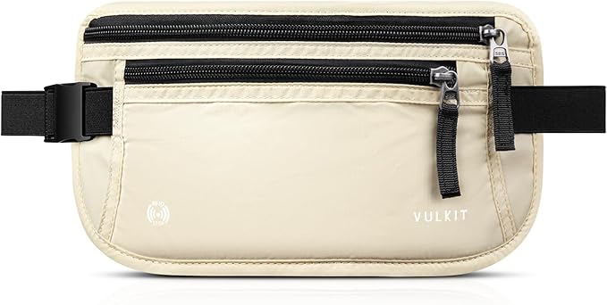 VULKIT Money Belt for Travel, Hidden Passport Holder, Anti-Theft Travel Wallet Under Clothes, RFID Blocking Waist Pouch, Undercover Fanny Pack, Cream White