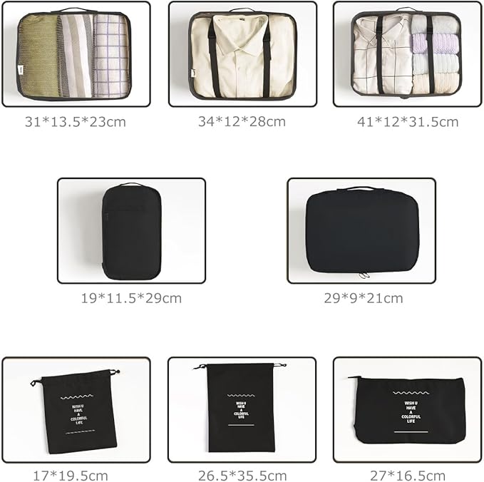 8 Set Packing Cubes for Suitcases Travel Luggage Packing Organizers,Travel Essentials Accessories Luggage Organizer with Shoe Bag Tioletry/Laundry Bag(Black)