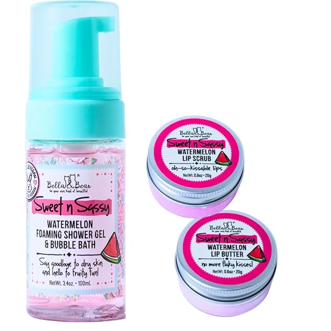 Bella & Bear Sweet 'n' Sassy Mini Spa Gift Set for Women & Teen Girls – Bath & Body Travel Gift Set with Shower Gel, Body Scrub, Lip Scrub & Lip Butter