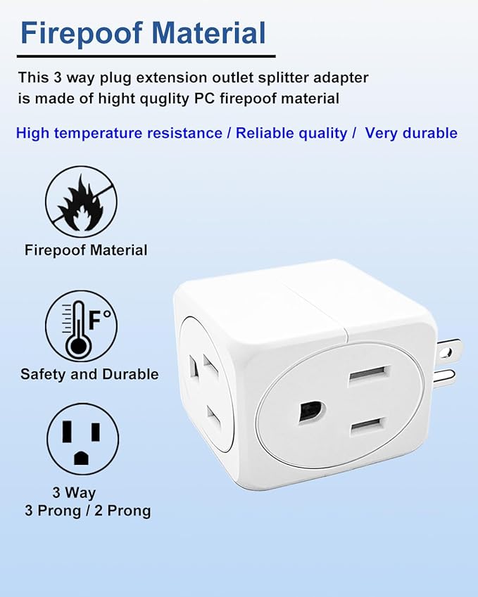 3 Plug Outlet Splitter Adapter 3 Pack - Small Multi Plug Wall Outlet Extender - 3 Way Plug Extension Adapter for Cruise Ship, Home Office, Dorm Room, Travel Essentials, Easy to Install,White