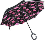 Nander Windproof, Reverse Umbrella, Umbrellas for Women with UV Protection, Upside Down Umbrella with C-Shaped Handle- Pink Cartoon Flamingo