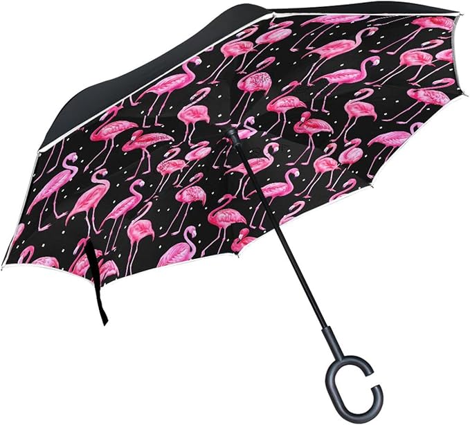 Nander Windproof, Reverse Umbrella, Umbrellas for Women with UV Protection, Upside Down Umbrella with C-Shaped Handle- Pink Cartoon Flamingo