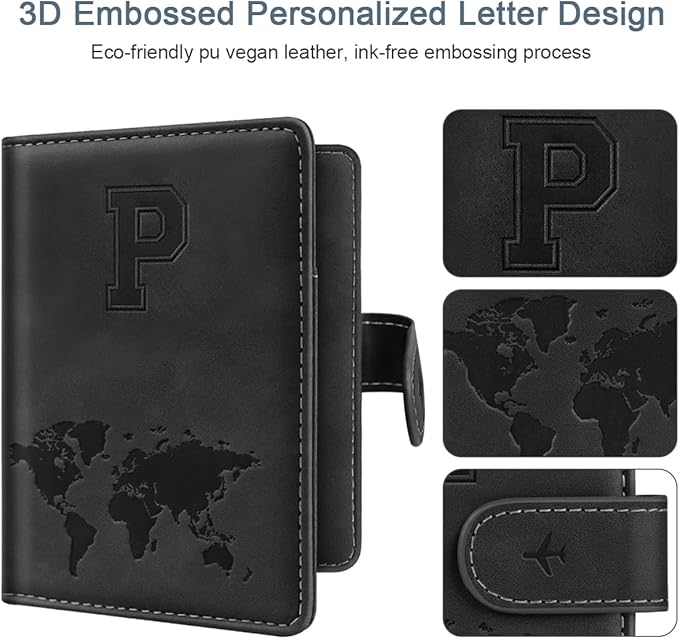 Passport Holder Cover Personalized Initial Letter A-Z Travel Wallet RFID Blocking Passport Cover Passport Book Holders for Women and Men, Black-P
