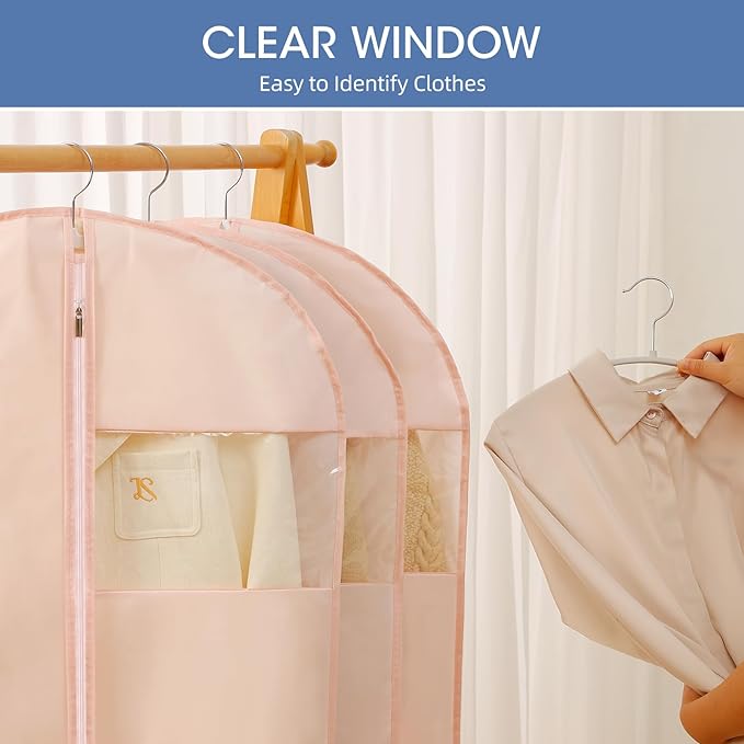65'' Dress Bags for Gowns, 4 Pack Pink Garment Bags for Hanging Clothes, Dress Garment Bag Women, Long Dress Cover for Coats, Dresses, Uniforms