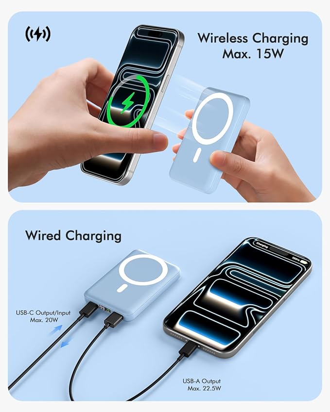 podoru for Magsafe Power Bank, 10000mAh Magnetic Portable Charger with 22.5W PD Fast Charging USB-C Cable LED Display Wireless Battery Pack for iPhone 17/16/15/14/13/12 Series-Light Blue