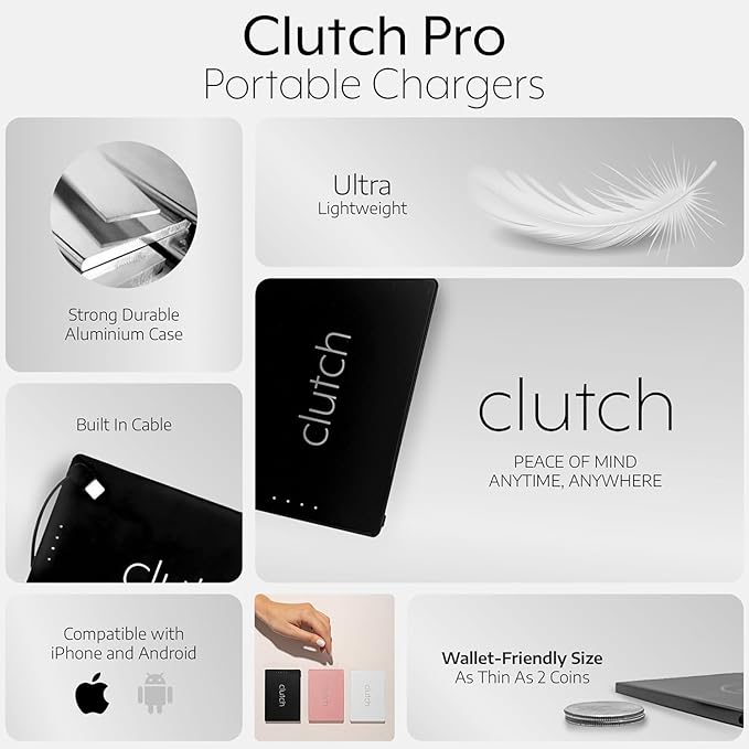 Clutch - Pro USB-C Portable Charger - Compatible with iPhone 15, 16, 17 & Android Devices - Power Bank Magnetic Battery - TSA Travel Approved - USB Rechargeable - Built-in Cable - 5000 mAh - 3.7oz