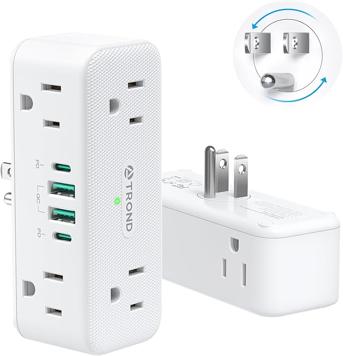 TROND 360° Rotating Wall Outlet Extender 2 Pack, 6AC Outlet Splitter with 2 PD20W USB C Charger and 2 USB A Ports, 900J Surge Protector, 3-Way Sideways Plug Adapter for Kitchen, Bathroom, Bedroom