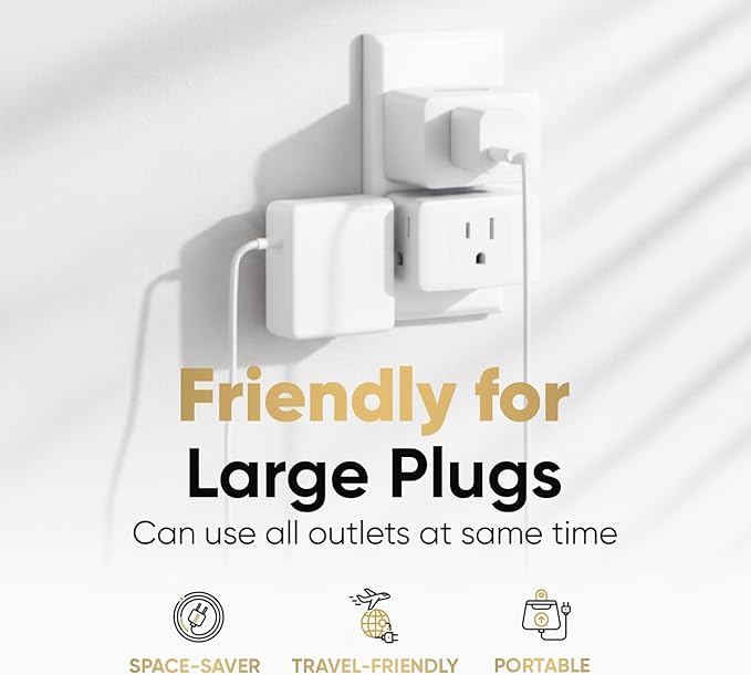 Unidapt Multi Plug Outlet Extender 2 Pack - 3 Way Wall Outlet Splitter, Cruise Ship Essentials Power Plug Adapter, Compact Travel Wall Tap Expander, Flat Angled Design, Home, Office, Dorm - White
