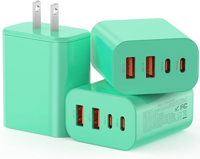 USB C Charger Block, 3-Pack 40W Wall Plug Fast Charging Block, 4-Port PD + QC Power Adapter Type C Charging Blocks Cube, Compatible with iPhone 17/16/15/14/13/12/11/Pro Max, Tablets（Green）