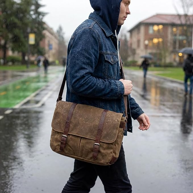 Vintage Genuine Leather Waxed Canvas Briefcase Large Satchel Shoulder Bag Rugged Computer 15.6" Laptop Bag