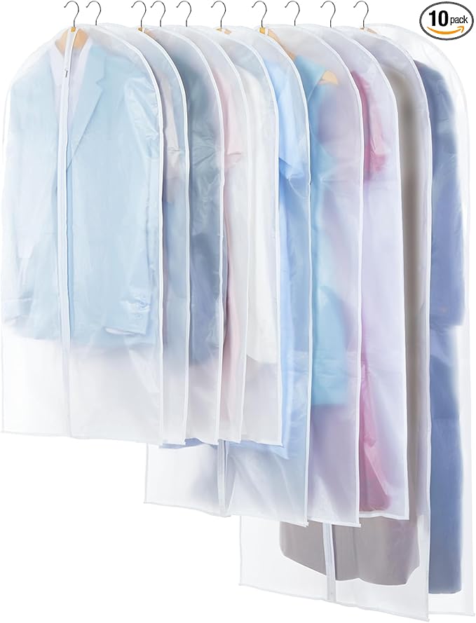 Carbrea Translucent Garment Bags for Hanging Clothes - Frosted Clothes Storage Bags for Suits, Dresses, Closet Storage - 10 Pack