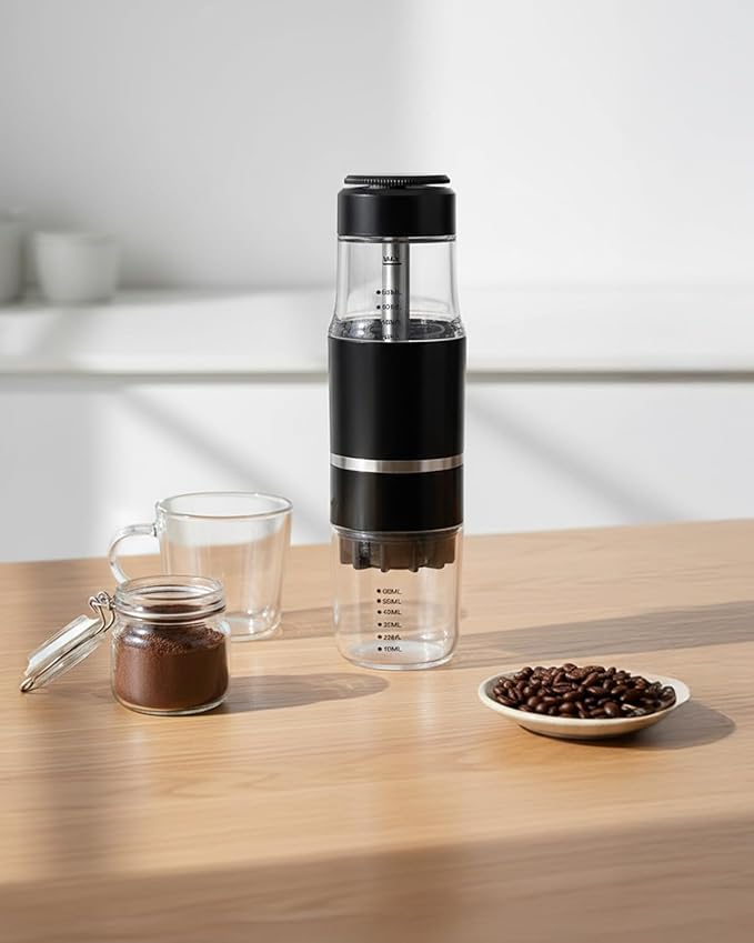 Portable Coffee Maker for Travel & Camping, Travel Lightweight Coffee Machines, Manually Operated, Compatible Ground Coffee & NS Capsule (Black)