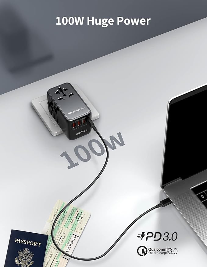 MOMAX 100W Universal Travel Adapter, 5-in-1 GaN International Power Adapter for Laptop, Phone, 2 USB-C PD & 2 USB-A QC Wall Charger, European Travel Plug Adapter for UK/US/AUS/JP, Travel Essentials