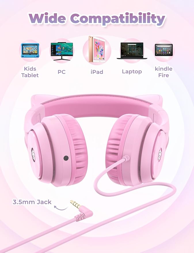iClever Kids Headphones with Cat Ear Led Light Up, Safe Volume Limite, FunShare, Foldable, Over-Ear Headphones for Kids for School/iPad/Tablet/Travel, Meow Donut-Pink