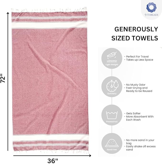 Cotton Turkish Beach Towel with Towels Oversized 36"x72" Pool Absorbent Extra Large Quick Dry Sand Travel Towel (Tomato Red, 4 Pack)