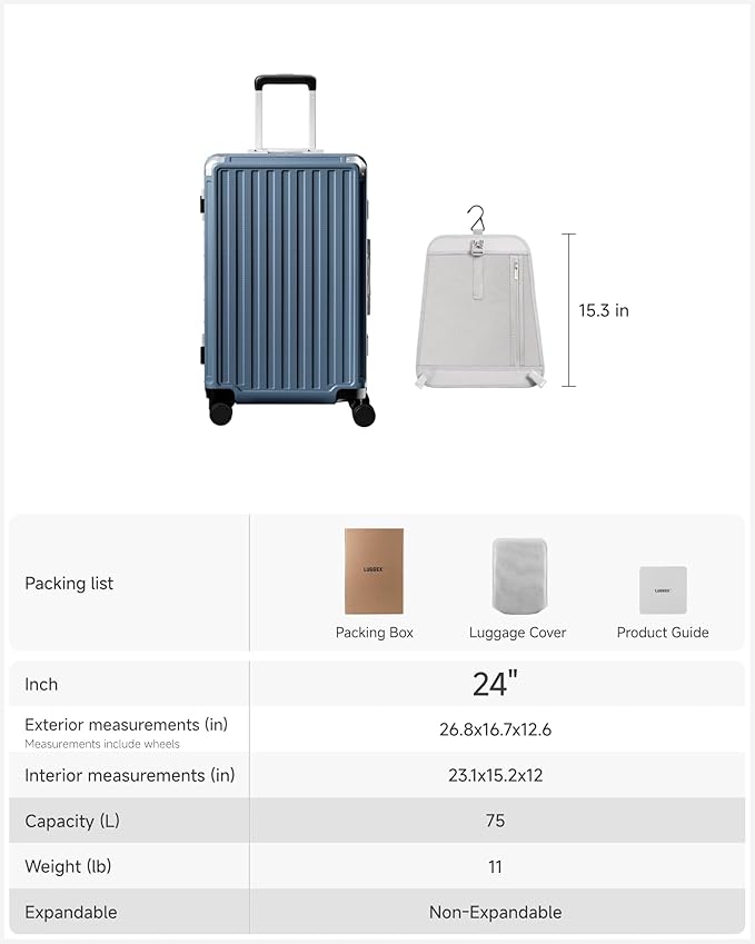 Checked Luggage with Spinner Wheels, 8010S Aluminum Frame Zipperless Polycarbonate Hard Shell Suitcase (ZX-Core, Blue, 24 Inch)