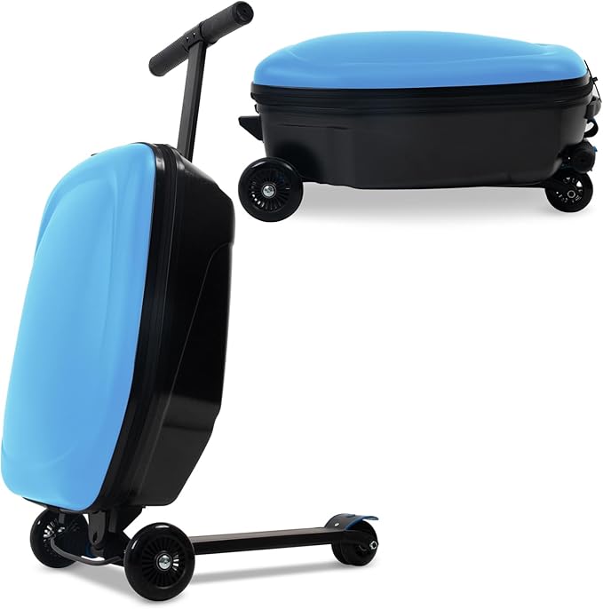 2-in-1 Ride-On Scooter Suitcase for Kids & Adults, 20” Foldable Hardshell Carry-On Luggage for Travel, Lightweight Kids Scooter Bag with Wheels