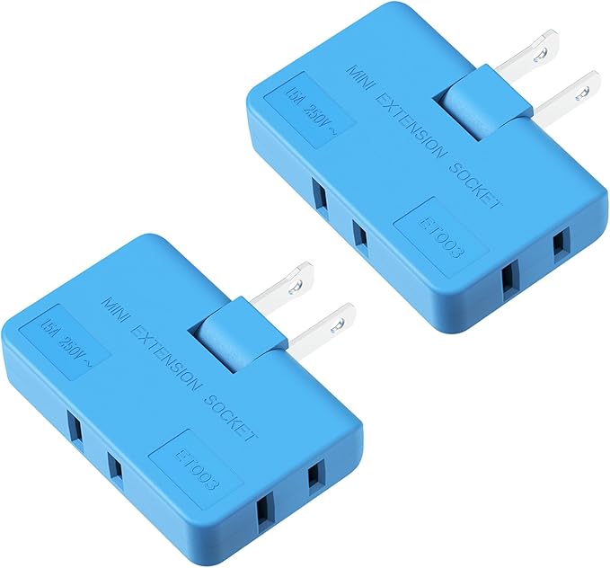 ETwinCoo Flat Wall Plug Adapter AC Outlet Extender, 2-Prong Swivel Mini Indoor Wall Tap Plug, Outlet Splitter (Quick & Space Save) Perfect for Home and Travel, Type A, Blue (3 Way-2 Pack)