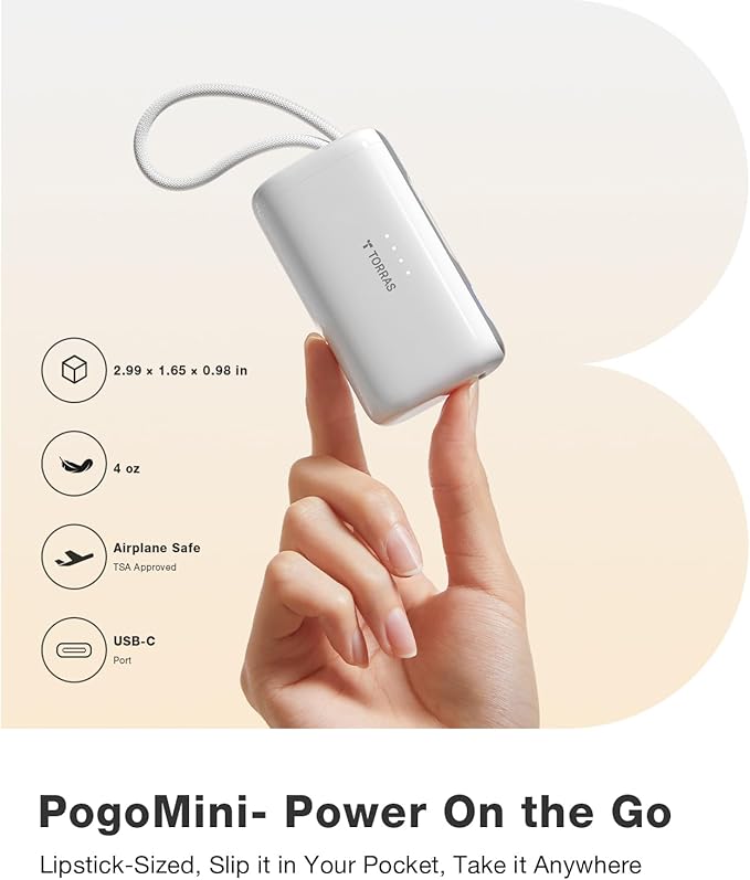 TORRAS iPhone 16 Portable Charger, 5000mAh 22.5W Power Bank with Built-in USB-C Cable, Fast Charge Battery Pack for iPhone 17/16/15, Galaxy S25, Google for Travel Outdoor Hiking Backup Battery, White