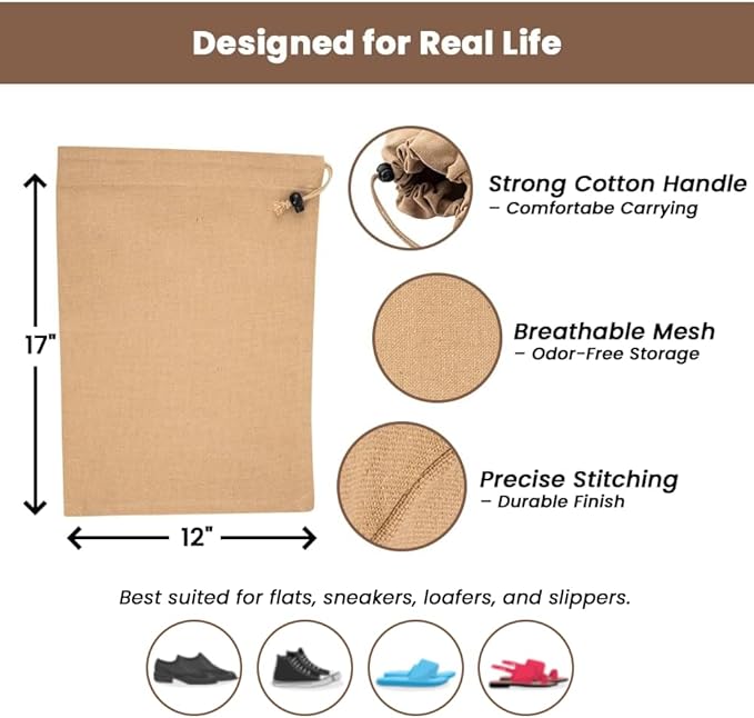 LFH Cotton Rich Shoe Storage Bags with Drawstring, Dustproof Breathable Reusable Organizer, Perfect For Travel, Dorm, Hotel, College, Gym, Easy to Carry, Machine Washable 12"x17" (Pack of 2) - Beige