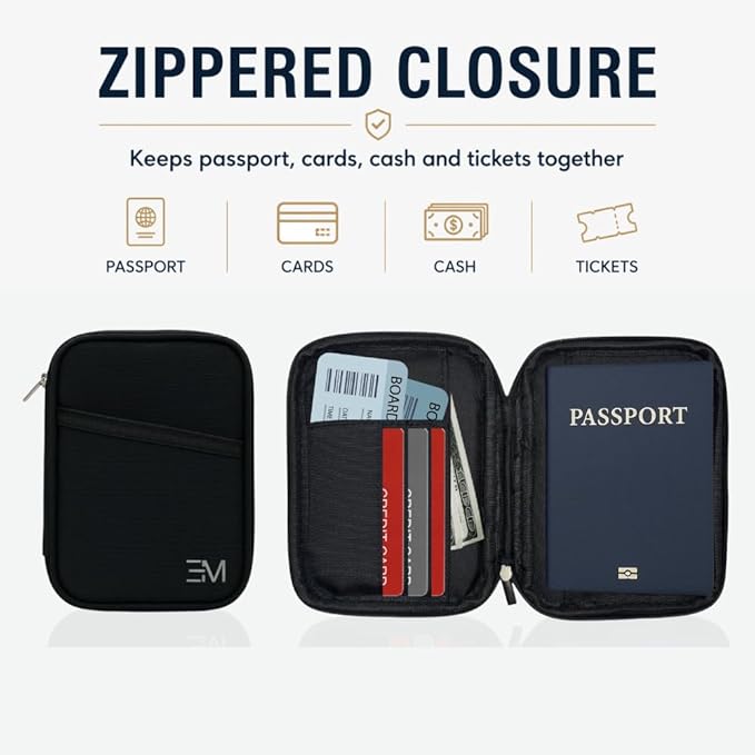 EM Premium Products RFID Protection Travel Wallet & Passport Holder – Zippered Organizer Case with AirTag card holder – Holds Cards, Cash, ID, Tickets