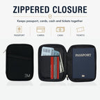 EM Premium Products RFID Protection Travel Wallet & Passport Holder – Zippered Organizer Case with AirTag card holder – Holds Cards, Cash, ID, Tickets