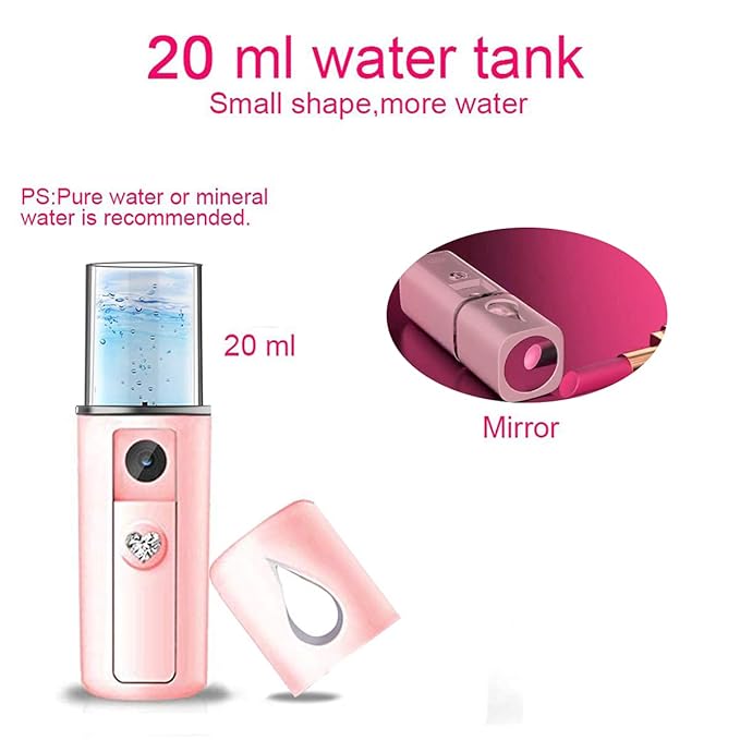 Nano Facial Steamer Mist Spray Eyelash Extensions Cleaning Pores Water SPA Moisturizing Hydrating Face Sprayer USB Rechargeable Mini Beauty Device (Pink)