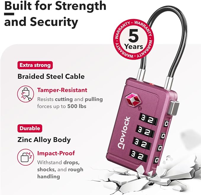 Luggage Locks TSA Approved with Inspection Indicator and Resettable 4-Digit, Easy-to-Read Combination, TSA Locks for Luggage, Suitcases, Backpacks & Travel Bags, Purple, 2-Pack