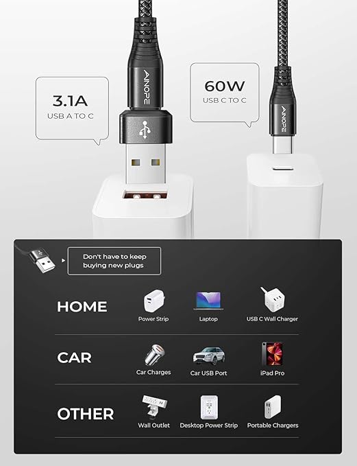 AINOPE USB C to USB C Cable, 10 FT USB C Cable Fast Charging with USB to USB C Adapter, 60W USB to USBC Cable for iPhone 17 Pro Max Air Type C Cable for iPhone 16/15/14/13/12, Black