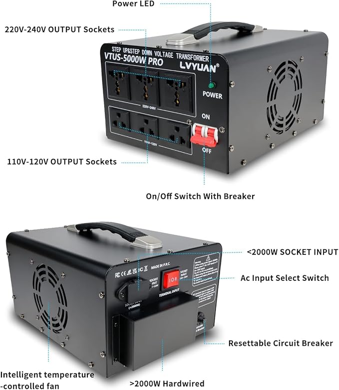 LVYUAN 5000 Watt Voltage Converter Transformer Heavy Duty Step Up Step Down AC 110V/120V/220V/240V Converter with Hard-Wiring