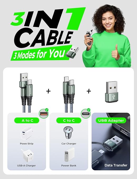 AINOPE USB C to USB C Cable, 16 FT USB C Cable Fast Charging with USB to USB C Adapter, 60W USB to USBC Cable for iPhone 17 Pro Max Air Type C Cable for iPhone 16/15/14/13/12, Grey