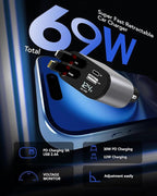 Retractable Car Charger Adapter for iPhone 17,4 in 1 Fast Charging Car Phone Charger,69W USB C Car Truck Accessories,Road Trip Essentials Gift for Men Women for iPhone 17/16/15/14/13/12,Galaxy S25