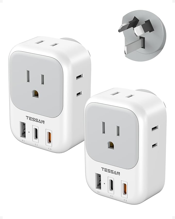 Australia Plug Adapter 2 Pack, TESSAN New Zealand Power Adapter with 4 Outlets 3 USB (2 USB-C), Type I Travel Adaptor for US to Australian Argentina China Fiji Samoa Tonga Kiribati
