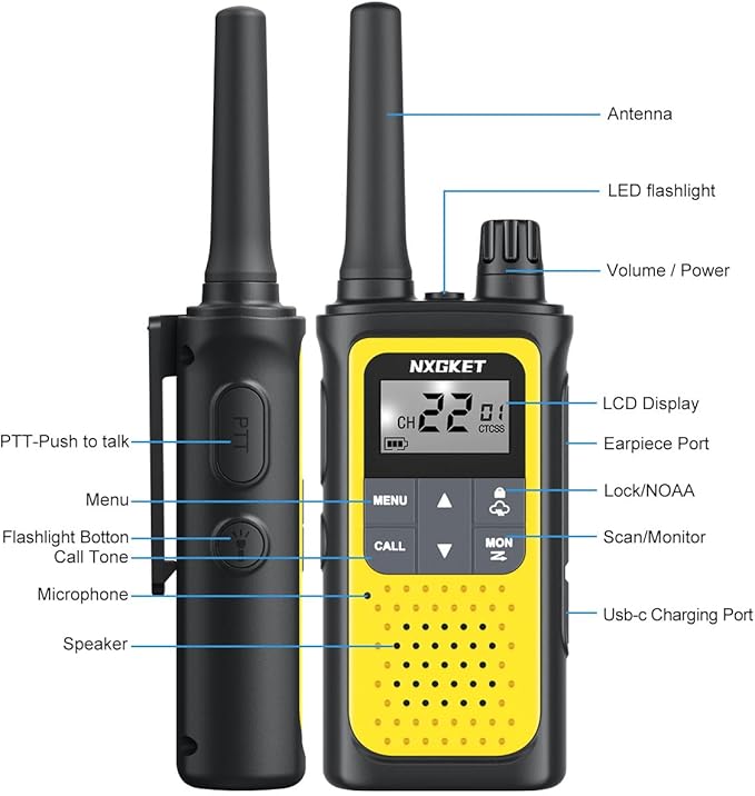 NXGKET Walkie Talkies for Adults Long Rang NOAA Weather Alerts, Rechargeable Walkie Talkies 2 Way Radio 22 FRS Channel with 1800mAh Li-ion Battery USB-C Cable Outdoor Cruises Camping, 4 Pack