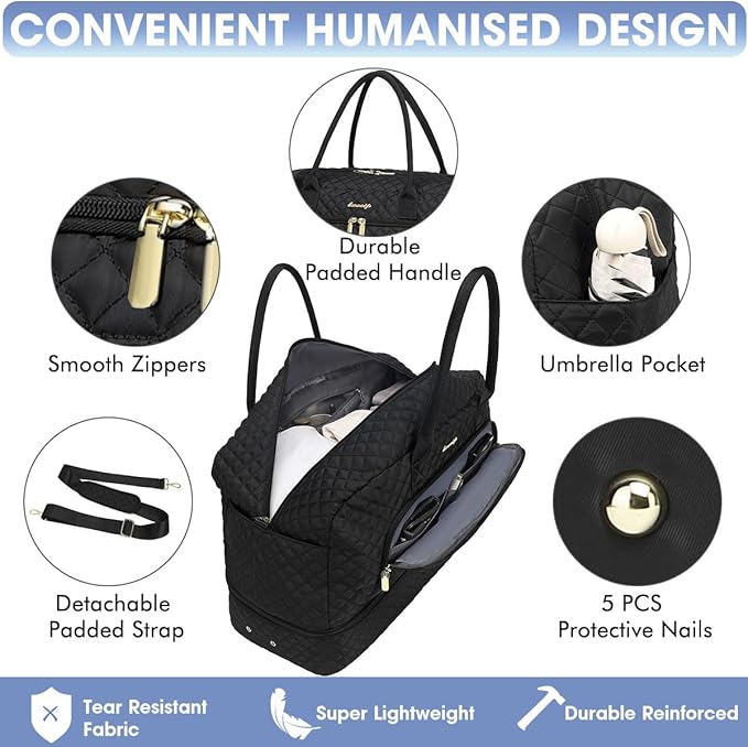 Initial Travel Duffle Bag for Women - Black Personalized Weekender bags Overnight Bag with Shoe Compartment & Wet Pocket Weekend Tote Bags with Toiletry Bag Monogram Christmas Gift (Letter L)