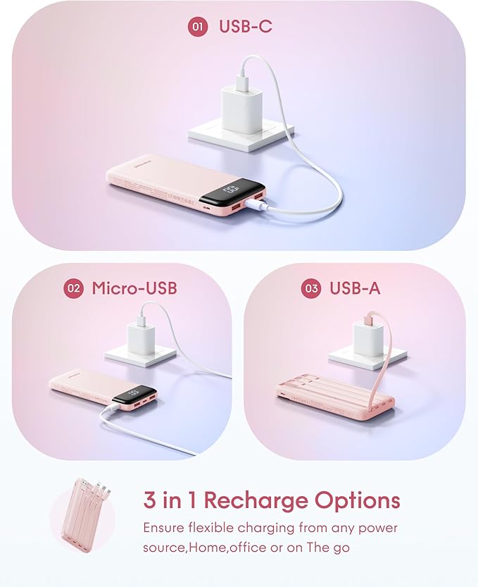 charmast 10000mAh Portable Charger with Built-in Cables, 6 Outputs & 3 Inputs Power Bank, Compact Travel Essential Battery Pack for iPhone 16/15, Samsung S25/S24, Google Pixel, iPad, AirPods & More