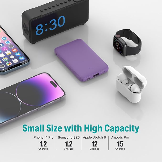 Sethruki Smallest Portable Charger with Built-in Cables 5000mAh,Ultra Slim Power Bank,Mini High Speed External Battery Packs,Lightweight USB C Phone Charger for iPhone Samsung Google Android (Purple)
