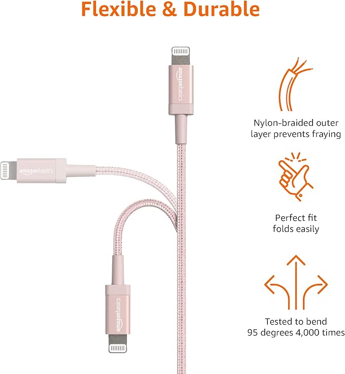 Amazon Basics 2-Pack USB-A to Lightning Cable, Apple MFi Certified, Nylon Braided Cord for iPhone 14 13 12 11 X Xs Pro, Pro Max, Plus, iPad, Data Sync, High Speed Transfer, 6 Foot, Rose Gold