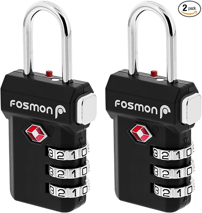 Fosmon TSA Approved Luggage Locks, Suitcase Travel Lock with Push Release Button for Extra Security, 3 Digit Combination Padlock for Gun Case Backpack Zipper Anti Theft Gym Locker - Black, 2 Pack