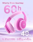 iClever BTH26 Active Noise Cancelling Headphones for Kids, 60H Play Time, Safe Volume 80dBA, Type C Fast Charging, Bluetooth5.4, Kids Bluetooth Headphones with Mic AUX Cord for iPad Airplane, Pink