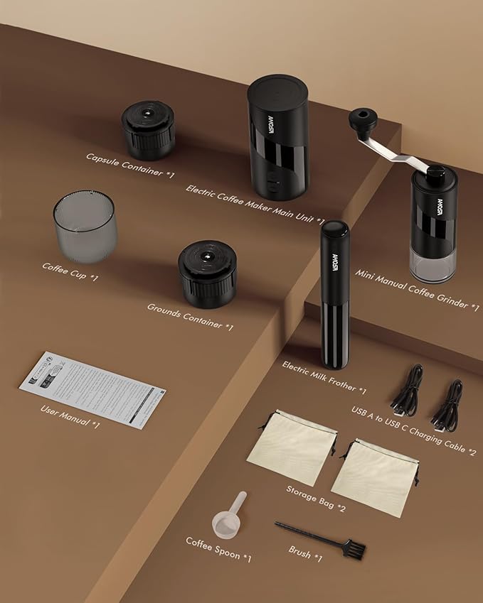 Portable Electric Espresso Machine & Manual Coffee Grinder & Electric Milk Frother All in 1 Mini Travel Coffee Maker Set for Camping, Car, RV, Hiking, Office, Home, Ground Coffee & NS Capsules Pod
