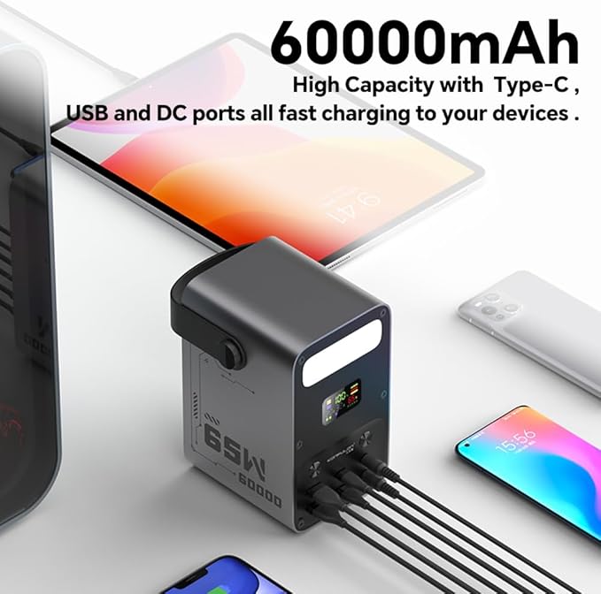Power Bank 60000mAh Power Station High Capacity Fast Charging PD 65W LiFePO4 Portable Outdoor Generator with DC 12V/3A Output & LCD Display Battery Bank for iPhone 17, Samsung, iPad,MacBook & Camping