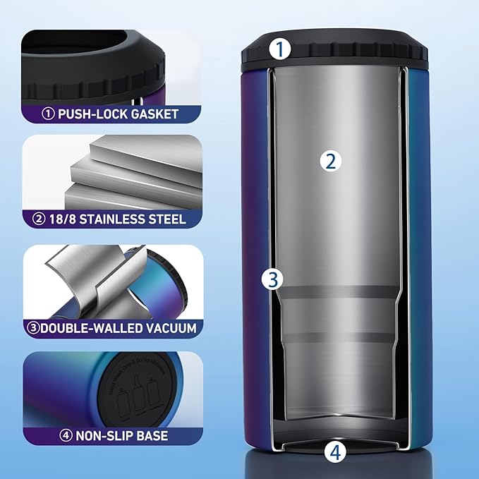 3 in 1 Slim Can Cooler for 12 OZ Skinny Can, Regular Can & Beer Bottle - Keep Cold for 6 Hours - Double Walled Insulated Stainless Steel Vacuum Beverage Insulator (Aurora)