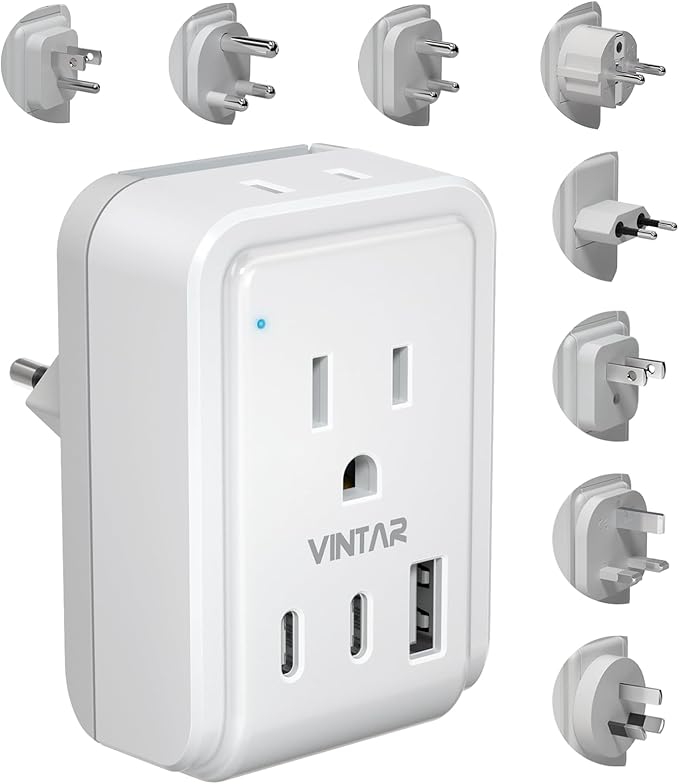 VINTAR Universal Travel Adapter Kit, International Power Adapter with 3 USB Ports(2 USB C) and 2 AC, Type A,B,C,D,E/F,G,I,M Detachable Attachments, Adapter for India/South Africa/Europe/UK