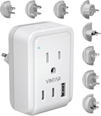 VINTAR Universal Travel Adapter Kit, International Power Adapter with 3 USB Ports(2 USB C) and 2 AC, Type A,B,C,D,E/F,G,I,M Detachable Attachments, Adapter for India/South Africa/Europe/UK