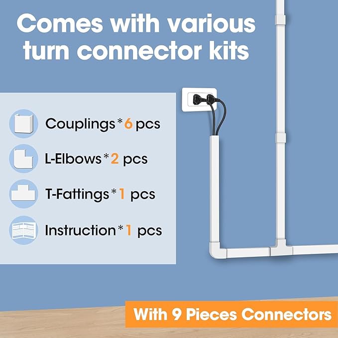 YesBes 116in Cord Hider Kit, Cord Covers for Wires on Wall, Paintable Cable Raceway, Cord Hider for Wall Mount tv, tv Cable Hider Wall kit, Wire Covers for Cords, W0.96in X H0.57in, White